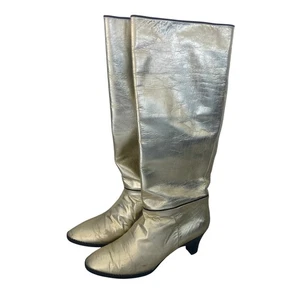 Yves Saint Laurent tall boots women's size 7 gold leather vintage 70s luxury  - Picture 1 of 9