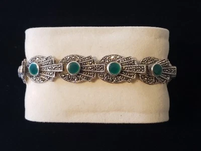 Vintage Sterling Silver Marcasite & Malachite Art Deco Bracelet 7.5" L 30 Grams - Image 1 of 4