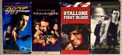 4 VHS lot-Action Favorites-Rambo, James Bond-Goldeneye +, Arnold-Eraser-Vintage Foto 1 de 4