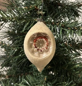 Antique Poland Blown Glass 3.25” Mica Teardrop Double Indent Christmas Ornament - Picture 1 of 7