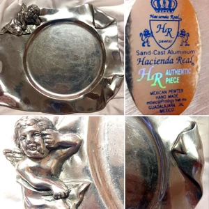 HACIENDA REAL PEWTER CHERUB ANGEL TRAY MEXICO SAND CAST ALUMINUM VTG HOLIDAY - Picture 1 of 9