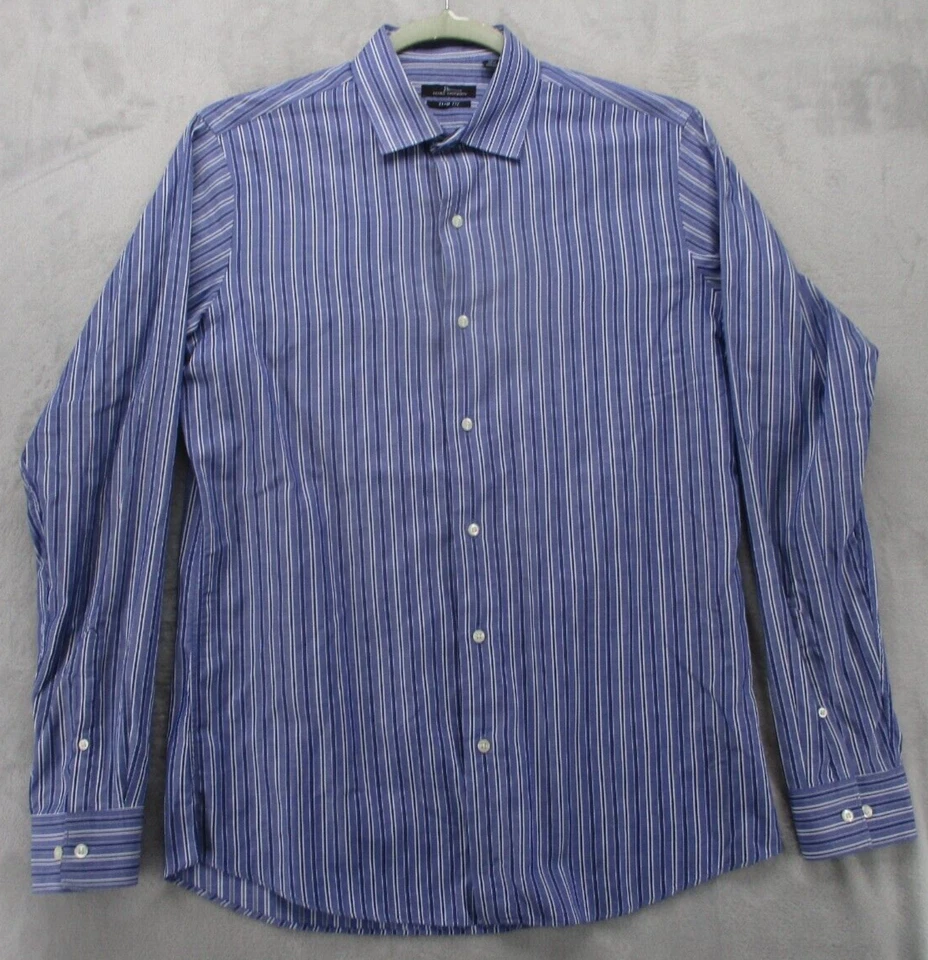 Camisa con botones Marc Anthony para hombre grande delgada azul blanco a rayas 100 % algodón Foto 1 de 4