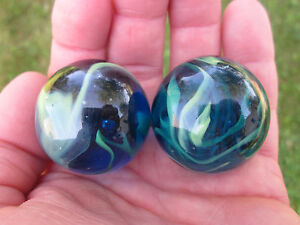 2 BOULDERS 35mm SEA TURTLE Marbles glass ball Clear Blue/Green LARGE HUGE Swirl