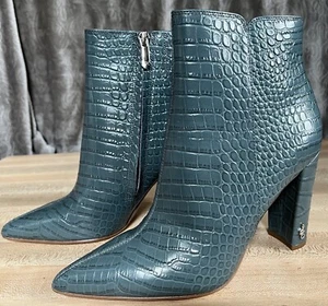 Botas al tobillo de cuero Sam Edelman Raelle gris cocodrilo en relieve tacón de bloque punta puntiaguda - Imagen 1 de 14