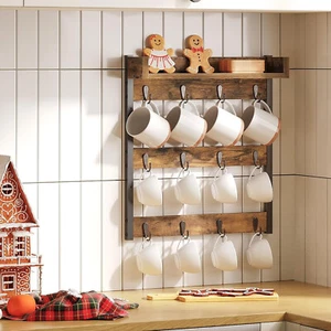 12 Hooks Wall Mounted Coffee Mug Holder kitchen Display Storage Collection Shelf - Picture 1 of 10