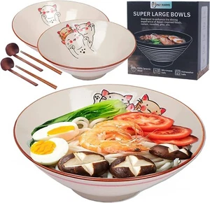 2Sets 6Pcs 8inch Ceramic Japanese Ramen Noodle Soup Bowl with Spoon & Chopsticks - Picture 1 of 8