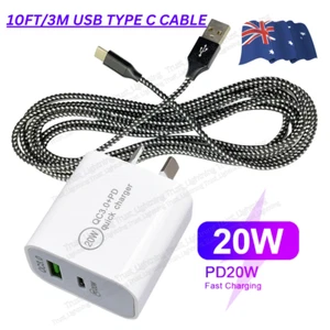 PD Fast Wall Charger Block 20W Adapter 3M USB C Cable For Samsung iPhone 15 16 - Picture 1 of 14