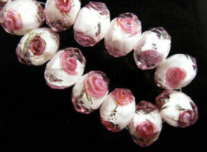 10pcs Charms Rondelle Glass Rose Flower Lampwork Glass Beads 8 10 12mm #G