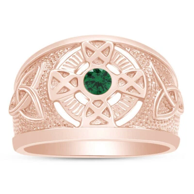 Celtic Mens Simulated Emerald Band Ring 14k Rose Gold Plated Sterling Silver - Image 1 of 4