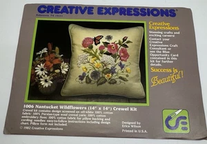 1982 Creative Expressions NANTUCKET WILDFLOWERS Pillow Crewel Kit 14”x14” Opened - Picture 1 of 9
