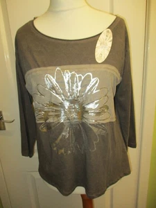 BNWT MADE IN ITALY WOMENS COTTON T-SHIRT 3/4 SLEEVES FITS A 14-16 BROWN - Picture 1 of 5