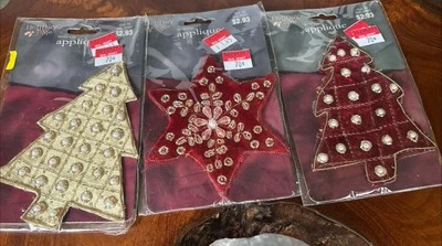 3 Holiday Time Iron On Fabric Appliques Christmas Pearl Accents Red And Gold - Image 1 of 4