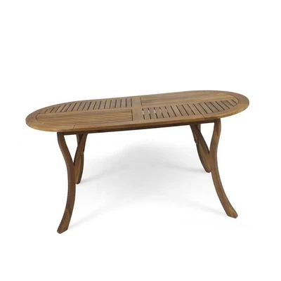 Mesa de comedor de patio de madera de acacia, diseño ovalado de 70 pulgadas con acabado de teca - Elegante Foto 1 de 4