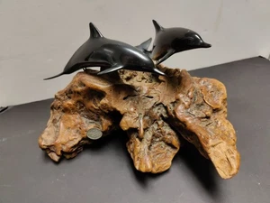 Vintage John Perry - 2 Delfine - Wurzelholz Treibholz - Skulptur SCHWARZ GRAU - Ozean - Meer - Bild 1 von 14