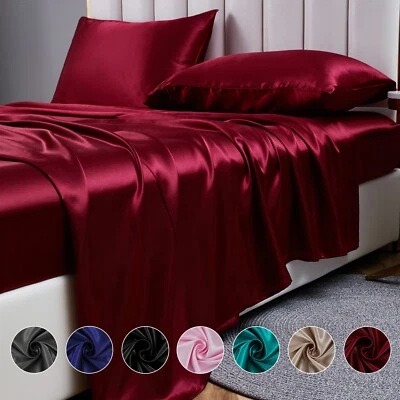 Juego de sábanas satinadas sedosas lisas de bolsillo profundo para cama sábana ajustable plana con funda de almohada Foto 1 de 4