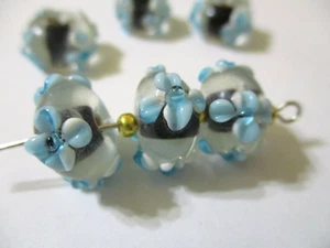 14 Blue & White  on Clear Glass 13x6.5 mm Lampwork  Glass Beads  AZ3 - Picture 1 of 4