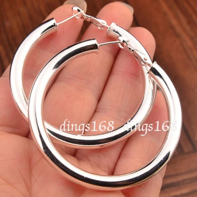 Women's 925 Sterling Silver Classic Hypo-allergenic Tubular Hoop Earrings E792 - Image 1 of 2