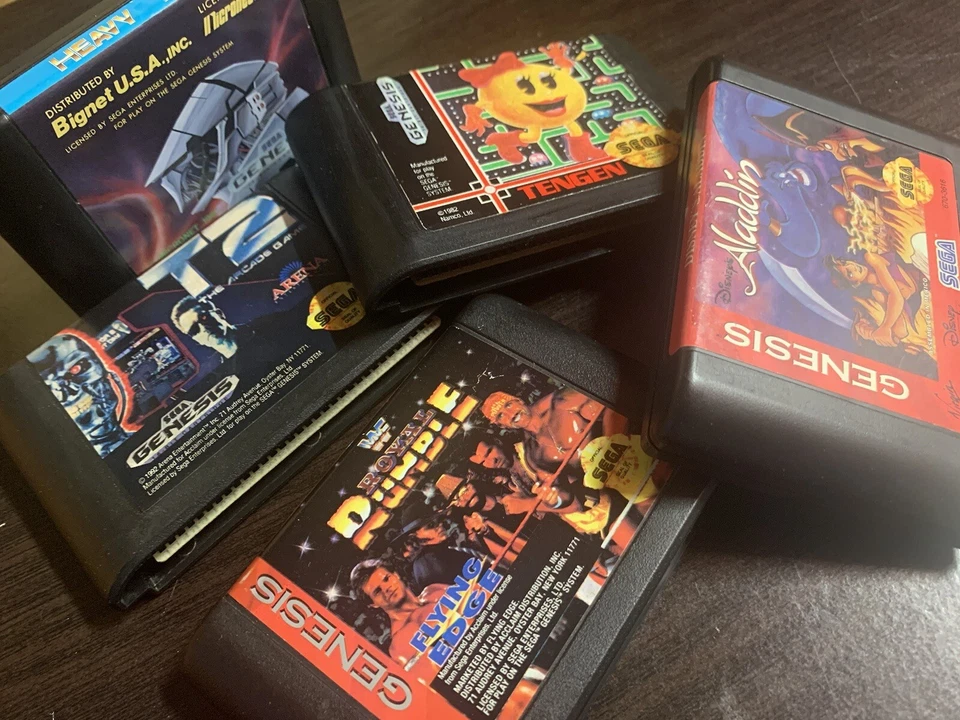 Sega Genesis 1991 Game lot 5 Heavy Nova, Columns, Aladdin, Mrs Pac-Man, T2 - Image 1 of 4