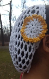 Crocheted 100% Cotton Snood, Headcovering, Slouchy Hat, White Yellow Flower  - Picture 1 of 4