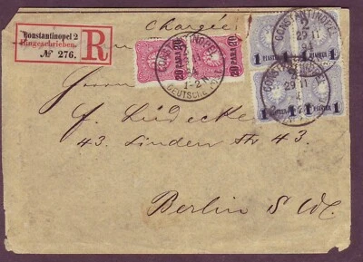 ALEMANIA en TURQUÍA - Sc #4 con RARO EMBALAJE ORIGINAL AZUL X 4 + ¡MÁS en cubierta REG LOADERE 1884! Foto 1 de 3