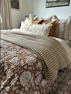 Indian Block Brown Floral Kantha Quilt,Blanket Cotton King Size Bedspread Throw - Picture 1 of 6