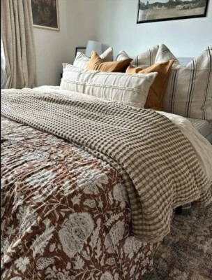 Indian Block Brown Floral Kantha Quilt,Blanket Cotton King Size Bedspread Throw - Image 1 of 4