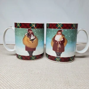 Block By Gear Father Christmas Santa Coffee Plaid Cup Mug 1995 Set Of 2 - Picture 1 of 8