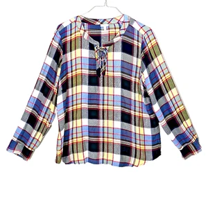 Talbots Top Shirt Plaid Long Sleeve Multicolor Lace Up Tie Viscose  Womens XL - Picture 1 of 5