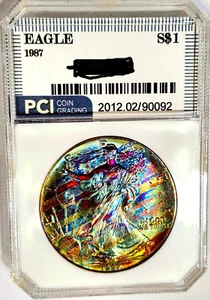 1987 Silver Eagle Perfect Gem BU Fruit Stripe Rainbow Color Toned Monster - Picture 1 of 3