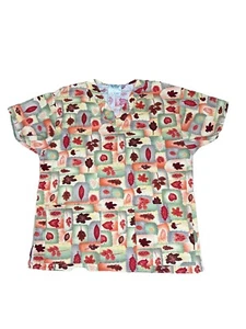 Crest Short Sleeve V-Neck Fall Theme Scrub Top Size Small - Picture 1 of 3
