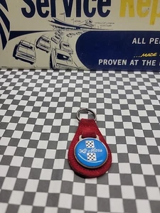Vintage Le Mans Leather Keychain Key Ring FOB Blue Face / Red Leather/1025-bf1 - Picture 1 of 6