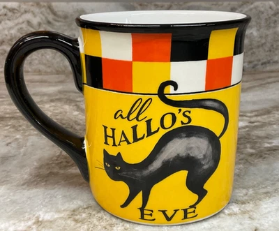 Taza de café grande para Halloween toda HALLO’S EVE con gato negro espeluznante. Amarillo Nuevo Foto 1 de 4