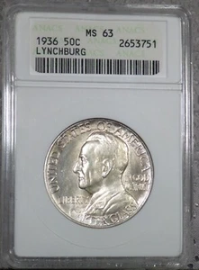 Mezzo dollaro commemorativo 1936 Lynchburg ANACS classificato MS 63 - Foto 1 di 4