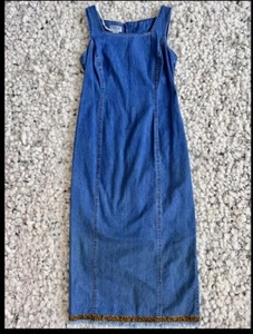 Vtg Y2k 90s Denim Pencil Dress leopard Midi Fringe Square Neck Form Fitted Long - Picture 1 of 11