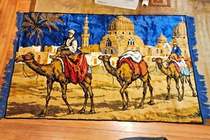 Tapestry Middle East Camel Caravan Fringed Velvet Vintage Wall Hanging/ Rug Blue - Picture 1 of 6