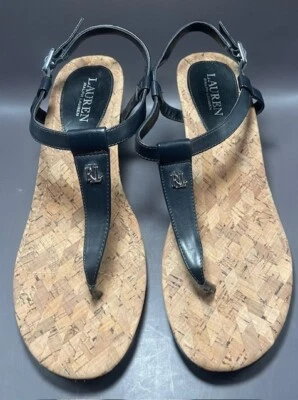 Sandalias de cuña Lauren Ralph Lauren Reeta con hebilla correa en T corcho negras tostadas talla 10B Foto 1 de 4