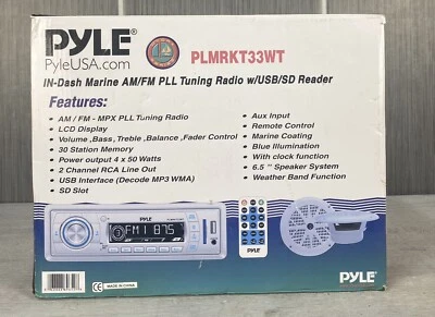 Pyle Marine AM FM USB SD Aux Input Stereo Bluetooth Receiver +Pair 6.5" Speakers - Image 1 of 4