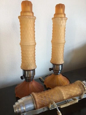 Lámpara de escritorio/dormitorio Art Deco melocotón 🍑 vidrio esmerilado retro atómica luz de 3 piezas de colección Foto 1 de 4