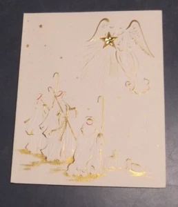 VINTAGE CHRISTMAS CARD FOIL ANGELS SHEPHERDS WHITE SYMPHONY 388 MADE IN USA - Imagen 1 de 3