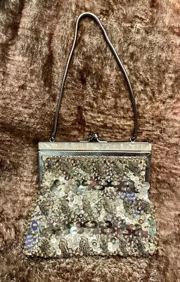 Vintage Silver Sequin & Bead Evening Hand Bag With Pearl - Image 1 of 4