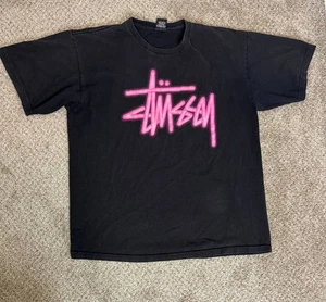 T-shirt Stussy XL nera rosa fluo logo streetwear maglietta skate vintage - Foto 1 di 8