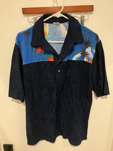 Charlie of California Men's Vintage Terrycloth Polo Hawaiian Shirt, Navy, XL - Picture 1 of 3