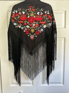 Scialle nero danza flamenca fiori colorati ricamati frange Frida Kahlo - Foto 1 di 17