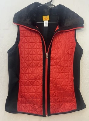 Women’s Ruby Rd. Petite Medium Puffy Red & Black Faux Fur Zip Up Vest - Image 1 of 4