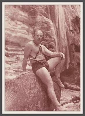 Athlete Climber Knife Handsome man trunks muscle bulge Hairy chest photo Gay Int - Image 1 of 3