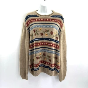 Vintage Alfred Dunner Rollkragenpullover XL hellbraun Wildblumenstickerei Herbst Perlen Cottag - Bild 1 von 10