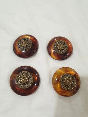 Vintage Root Beer Bakelite Button Large Circle Round Flower Brass Pattern 1 3/8" - Image 1 of 4