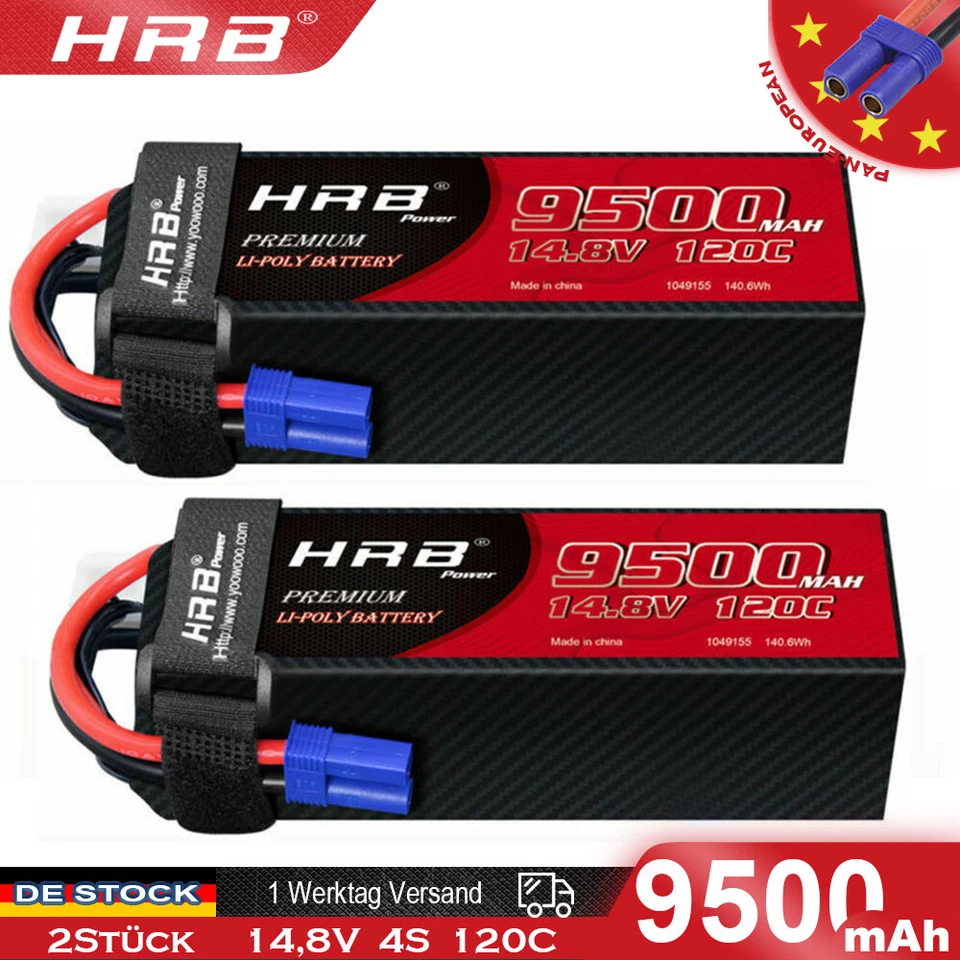 HRB 2Stück 4S 14,8V 9500mAh EC5 Lipo Batterie für RC Arrma 8s Kraton Auto LKW Akku