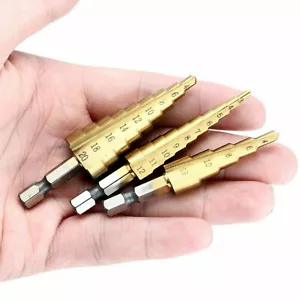 3pc Step Drill Bit Set High-speed Steel Titanium HSS Nitride Coated Quick Change - Picture 1 of 9