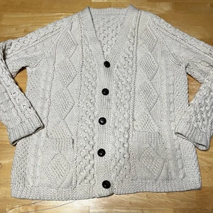 Pull cardigan vintage tricoté à la main 100 % laine tricot câble nid d'abeille poids lourd - Photo 1/13